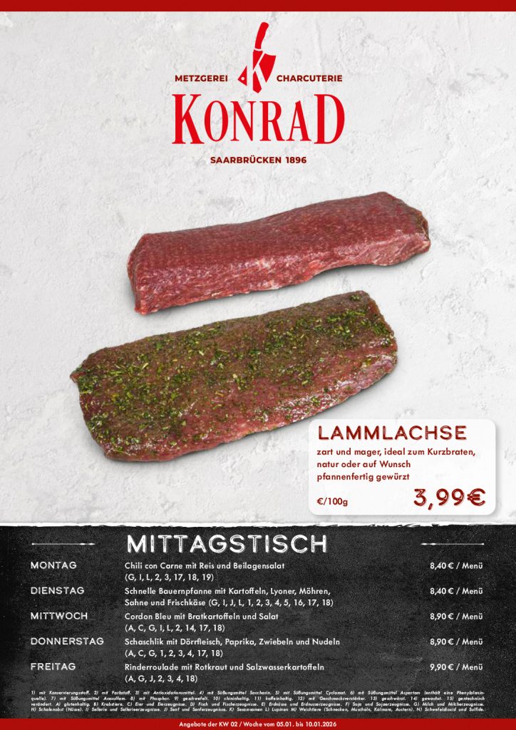 Konrad-Metzgerei Wochenangebot KW02 2026. Lammlachse zart und mager